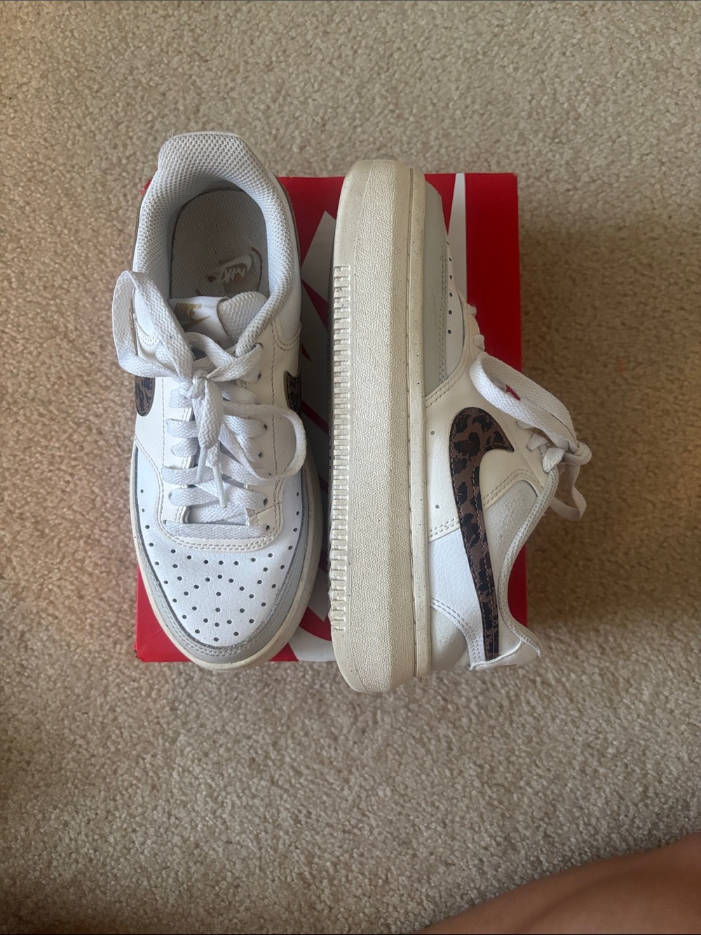 Nike White Sneakers with Leopard-Print Swoosh